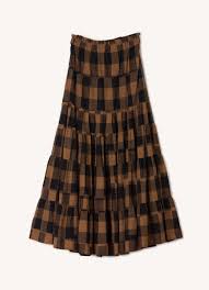 Porcelain Tiered Maxi Skirt Bronze Plaid