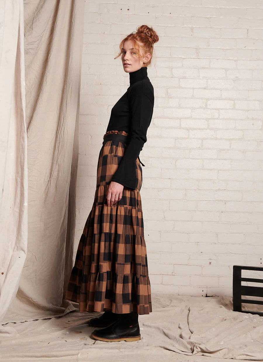 Porcelain Tiered Maxi Skirt Bronze Plaid