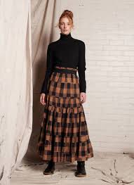 Porcelain Tiered Maxi Skirt Bronze Plaid